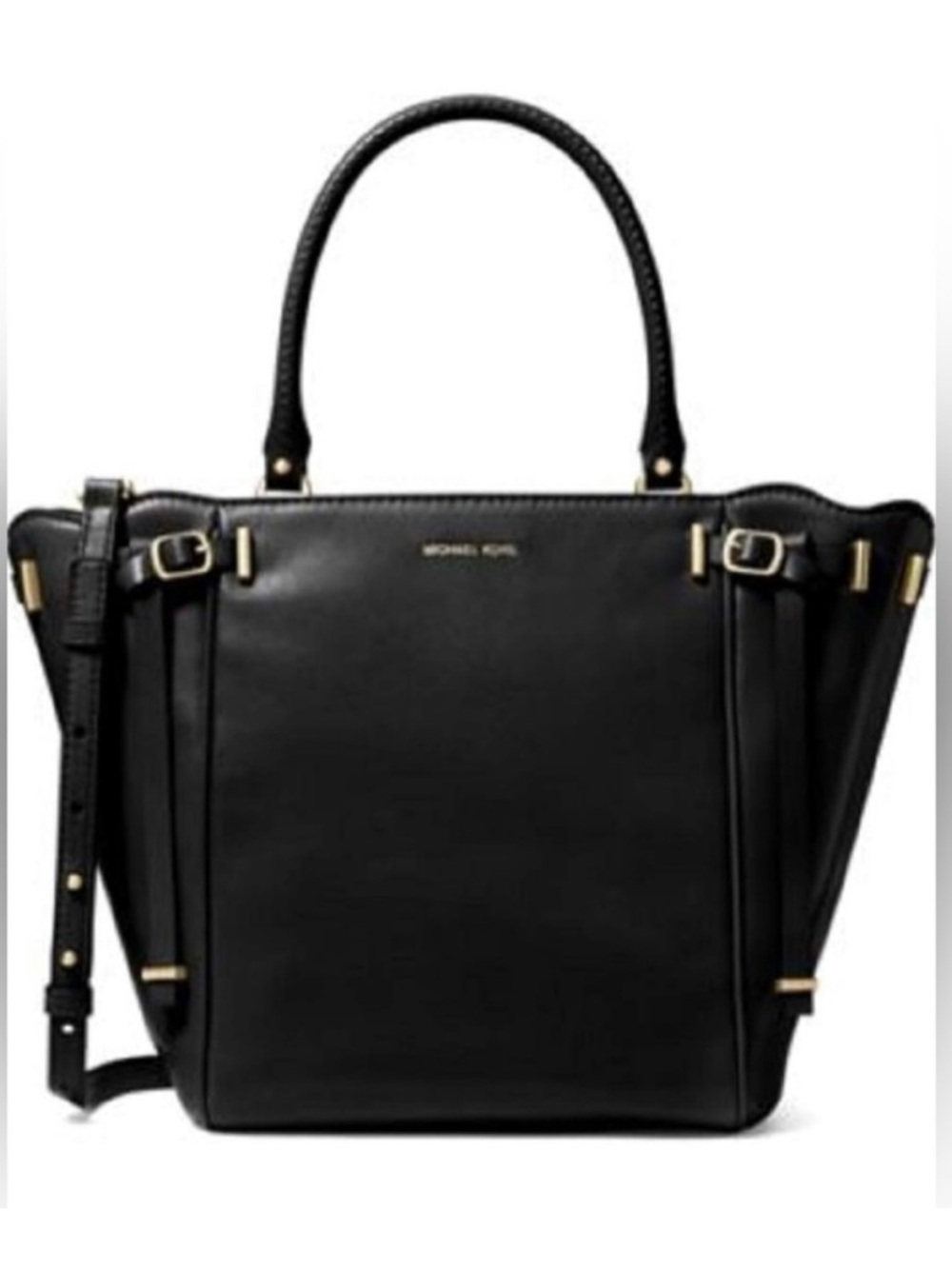 Michael Kors Amelia Black Leather Tote with Strap Scalloped Edges Medium size
